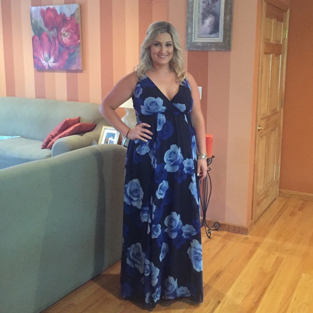 Lulu's Black Maxi Dress with Blue Floral Print
